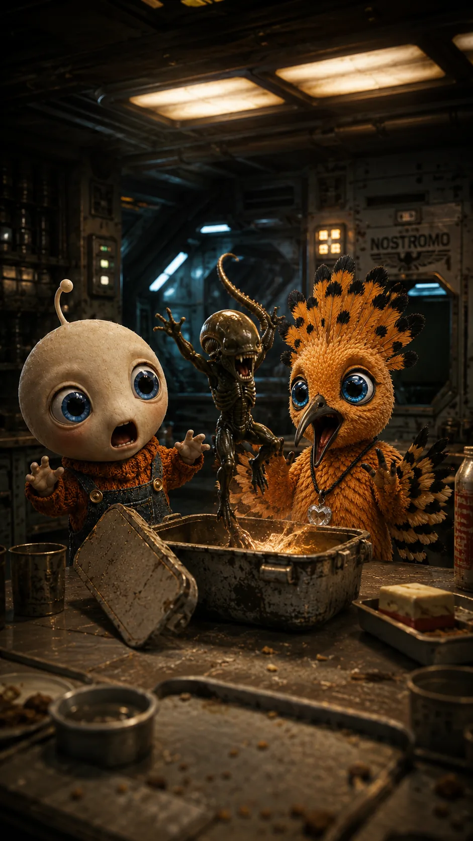 Nookie and the Cuties examining a dangerous discovery in the Nostromo galley