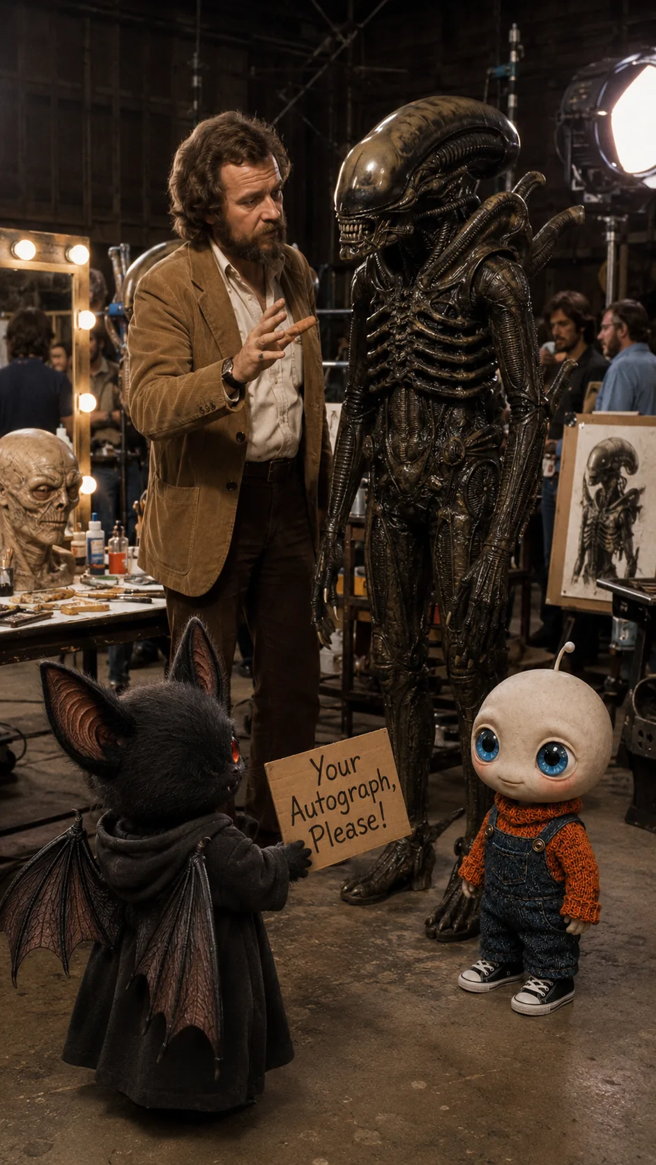 Shadow requesting an autograph during a behind-the-scenes creature workshop visit