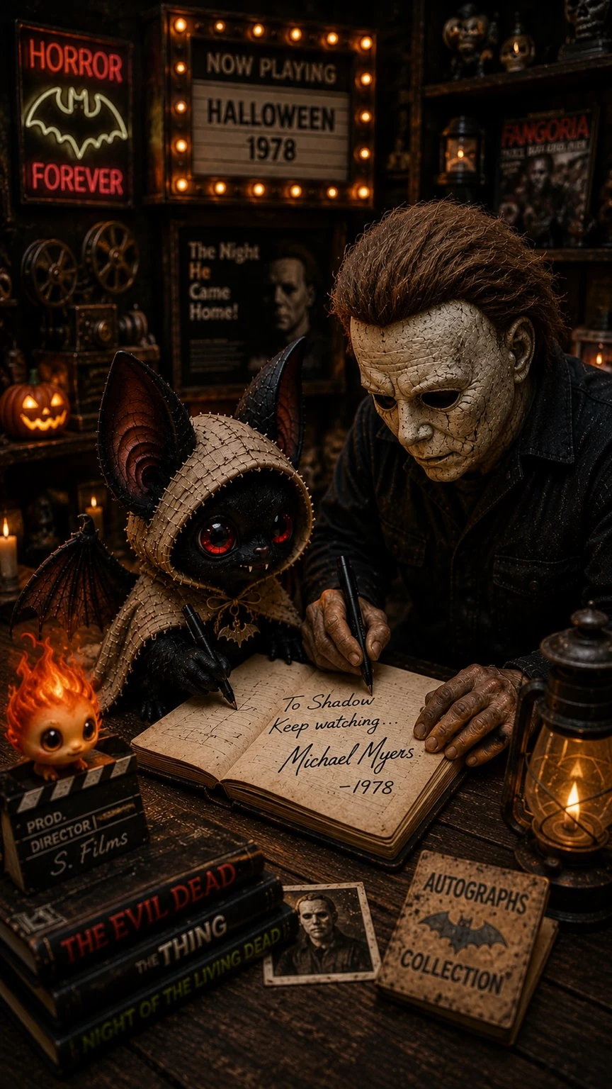Shadow asks a masked horror figure for an autograph
